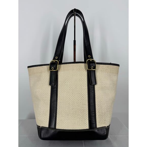 Coach Natural Straw and Patent Leather Bucket Tote 8908 - Picture 2 of 15